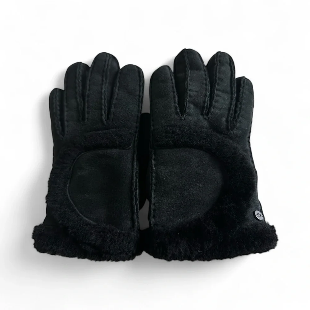 UGG Exposed Shearling Sheepskin Leather Seamed Tech Women’s Gloves Small Black